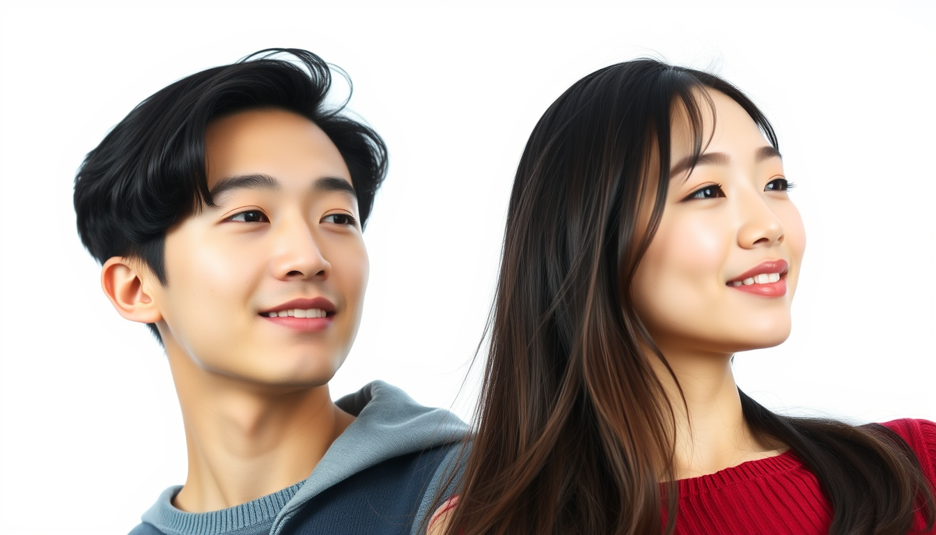 Handsome teenage man and beautiful teenage woman couple from Japan with great hair, against a pure white background.