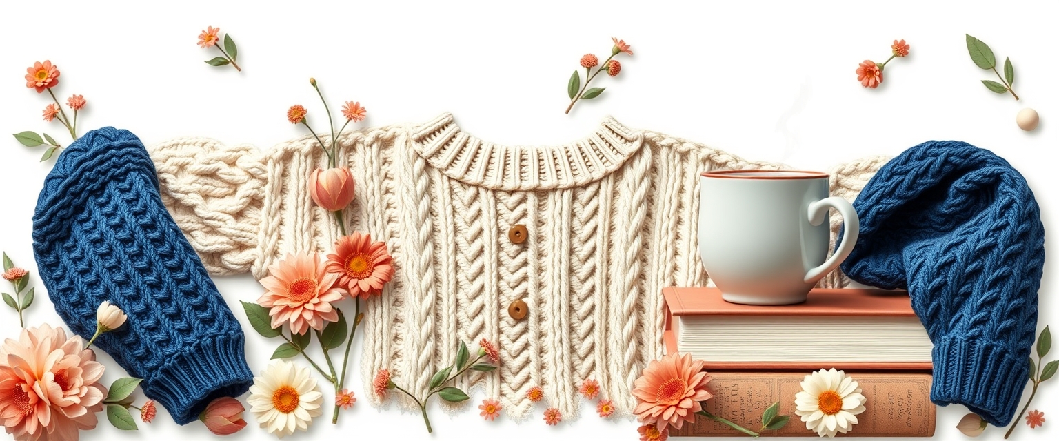 cozy-themed items, floral items, a detailed knit sweater, steaming mug, books, all arranged and isolated on a white background, peachy, navy and coordinating colors, trending cozy style, Folk art, 2d, icons, trending junk journal style, sticker art, hyper-realistic, high quality - Image