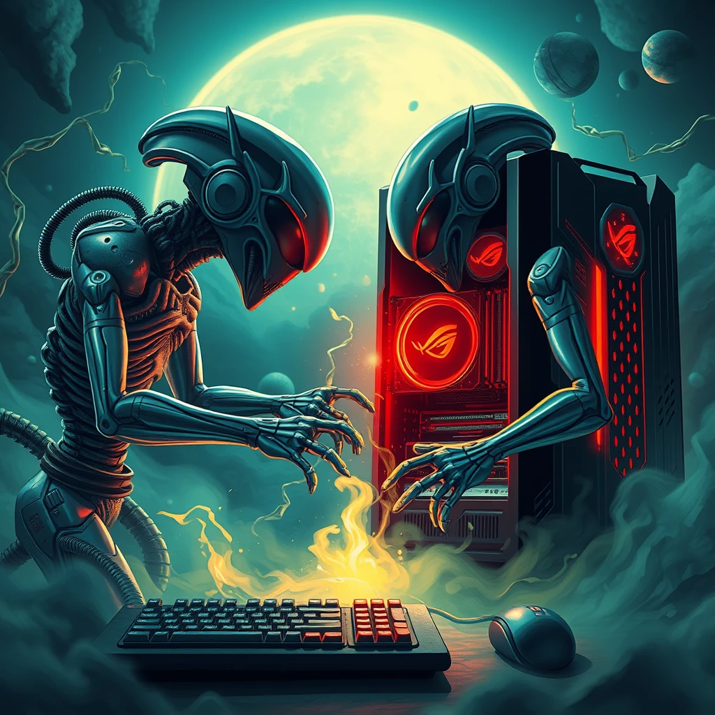 ROG computer fighting with Aliens Computer - Image