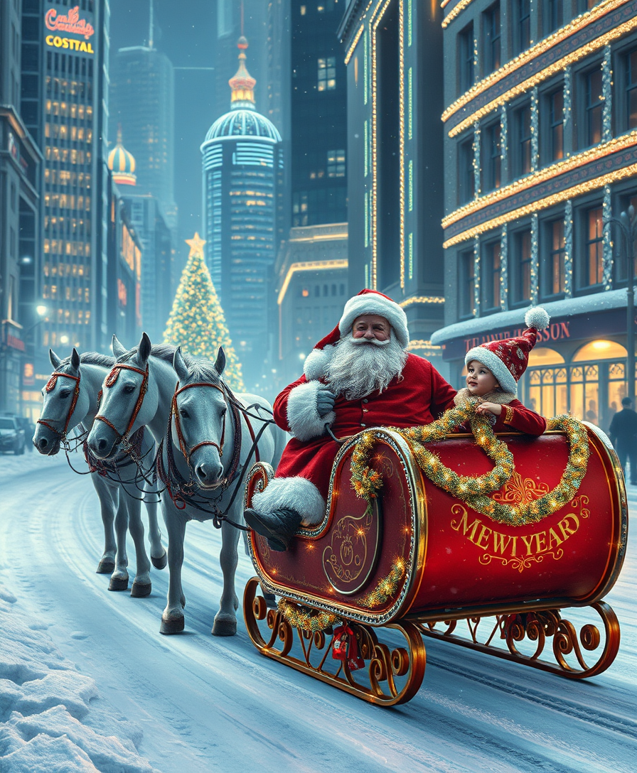 Russian Snow Grandfather rides in a festive New Year's sleigh pulled by a Russian troika of horses through a futuristic city decorated with Christmas lights. A charming Russian Snow Maiden is sitting next to him in the sleigh.