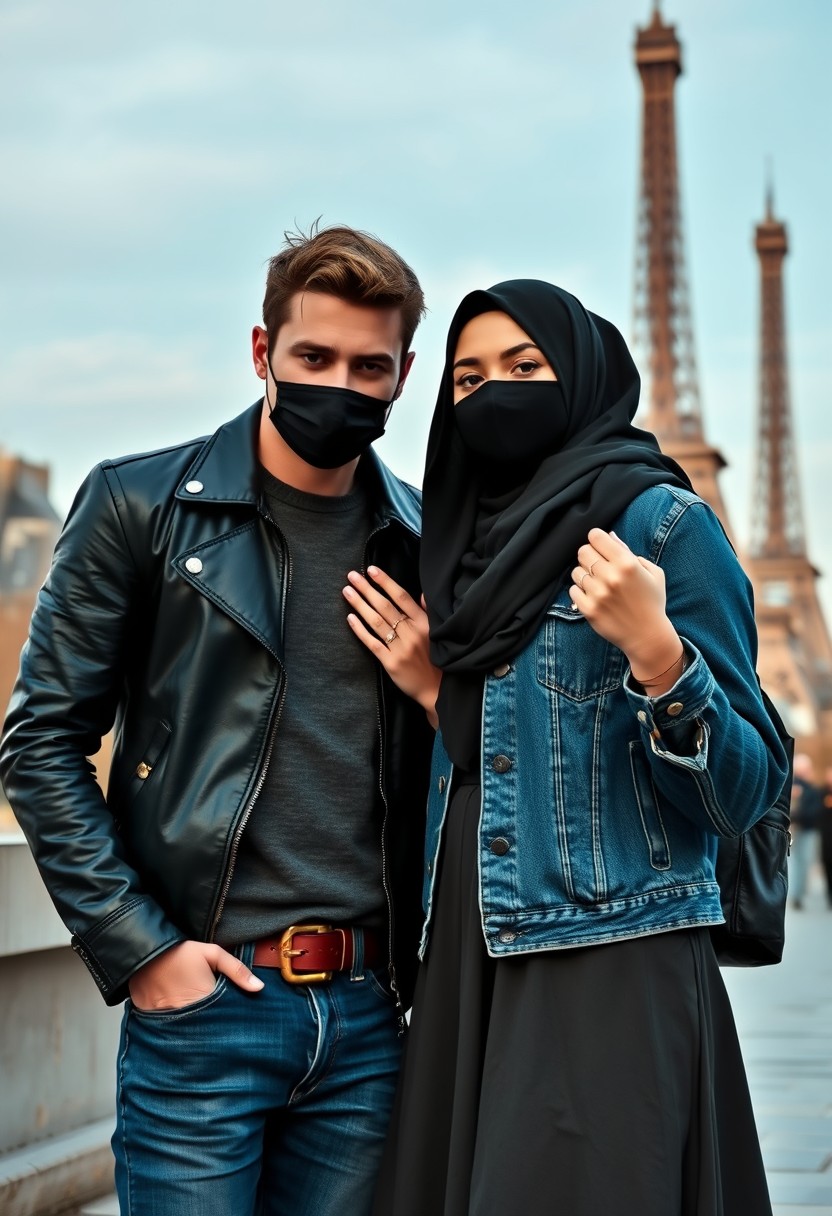 Jamie Dornan, handsome, black face mask, black leather jacket, jeans, dating, love couple with the largest hijab Muslim girl, beautiful eyes, black face mask, jean jacket, biggest skirt, wedding rings, Eiffel Tower, realistic, street photography. - Image