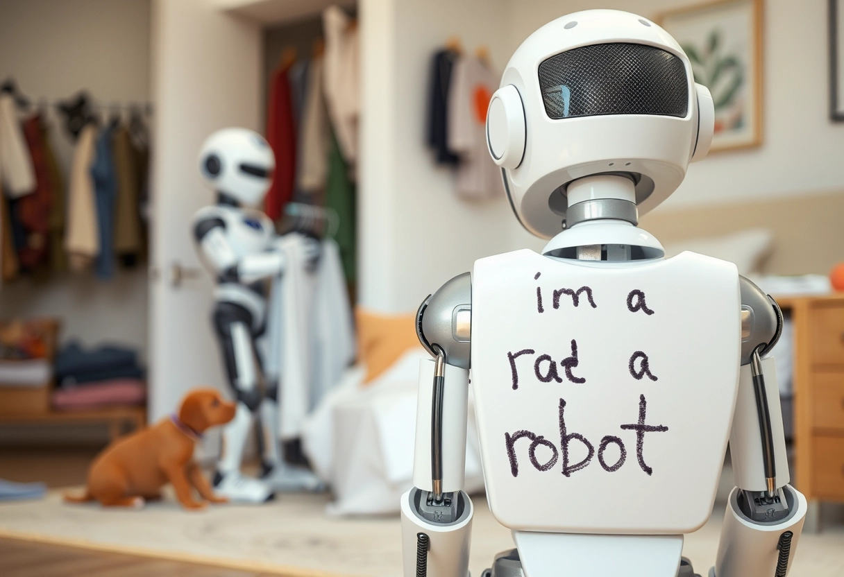 In the distance, there is a robot folding clothes in a bedroom, while a small child is playing with a puppy nearby. The robot has the child's doodle on it that says, "I am a robot." - Image