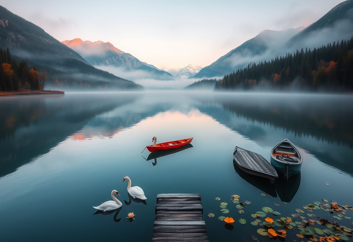 Peaceful, serene lake, mirror-like surface, misty morning, high quality, photorealistic, majestic mountains, pine trees, colorful autumn foliage, reflection, tranquil, secluded, remote, idyllic::0.7 kayaking, canoeing, fishing, wooden dock, rowboat, swans, water lilies, sunrise, sunset