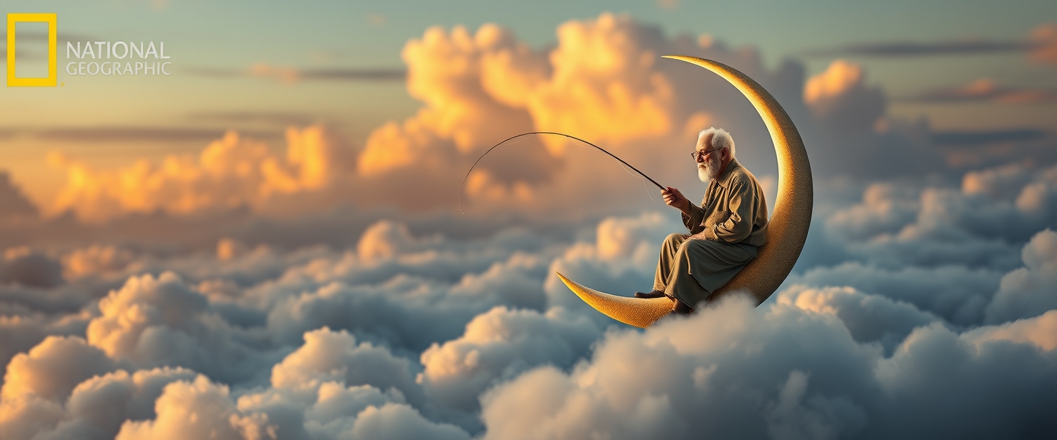 An old man sits serenely on a crescent moon, fishing among the clouds. The scene has an evening, tranquil atmosphere. It’s dreamy and whimsical. Deep depth of field, photography, National Geographic photo, hyper-realistic, 16k resolution, masterpiece, award-winning artwork, many details, extremely detailed, full of details, wide range of colors, high dynamic.