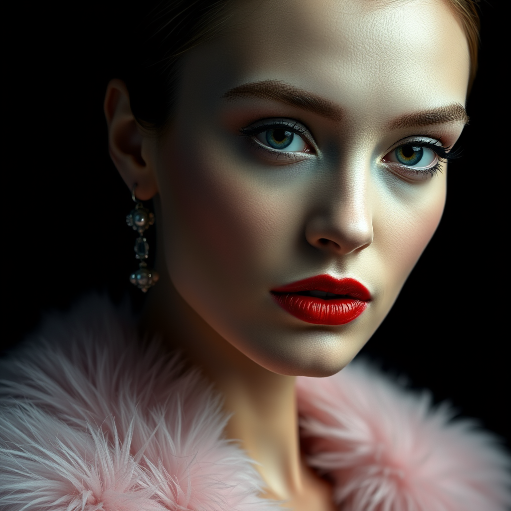 Minimalistic portrait of a beautiful woman with red lips and cold big eyes wearing earrings, a light pink fur coat in a haute couture style isolated on a dark background, cinematic lighting, ultra-realistic, shot in the style of Hasselblad X2D + Pishington E Skinner + Peter Coulson, minimalism --ar 5164