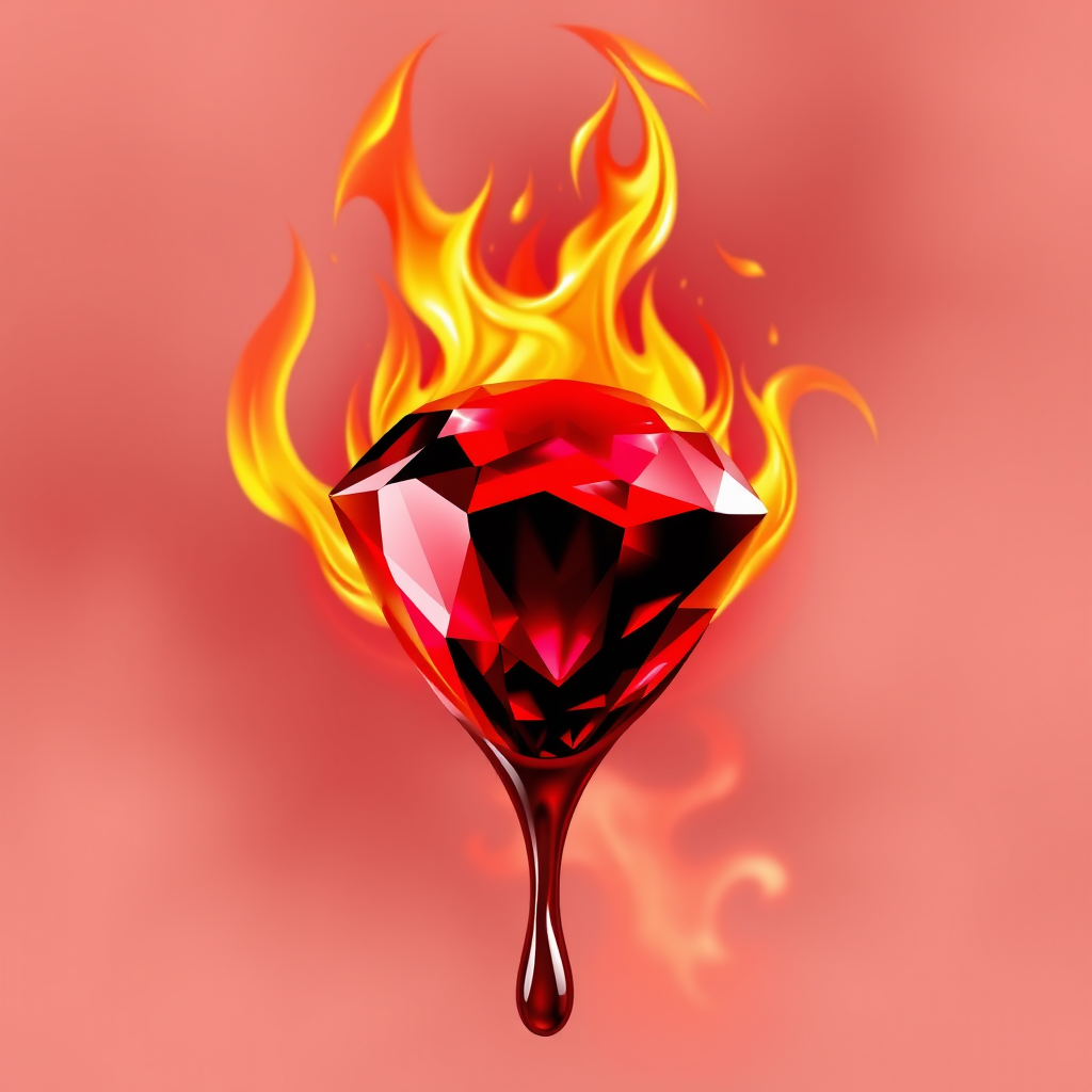 A tee shirt design of a beautiful ruby on fire with beautiful liquid red ruby dripping with flames. Striking and otherworldly on a transparent background. - Image