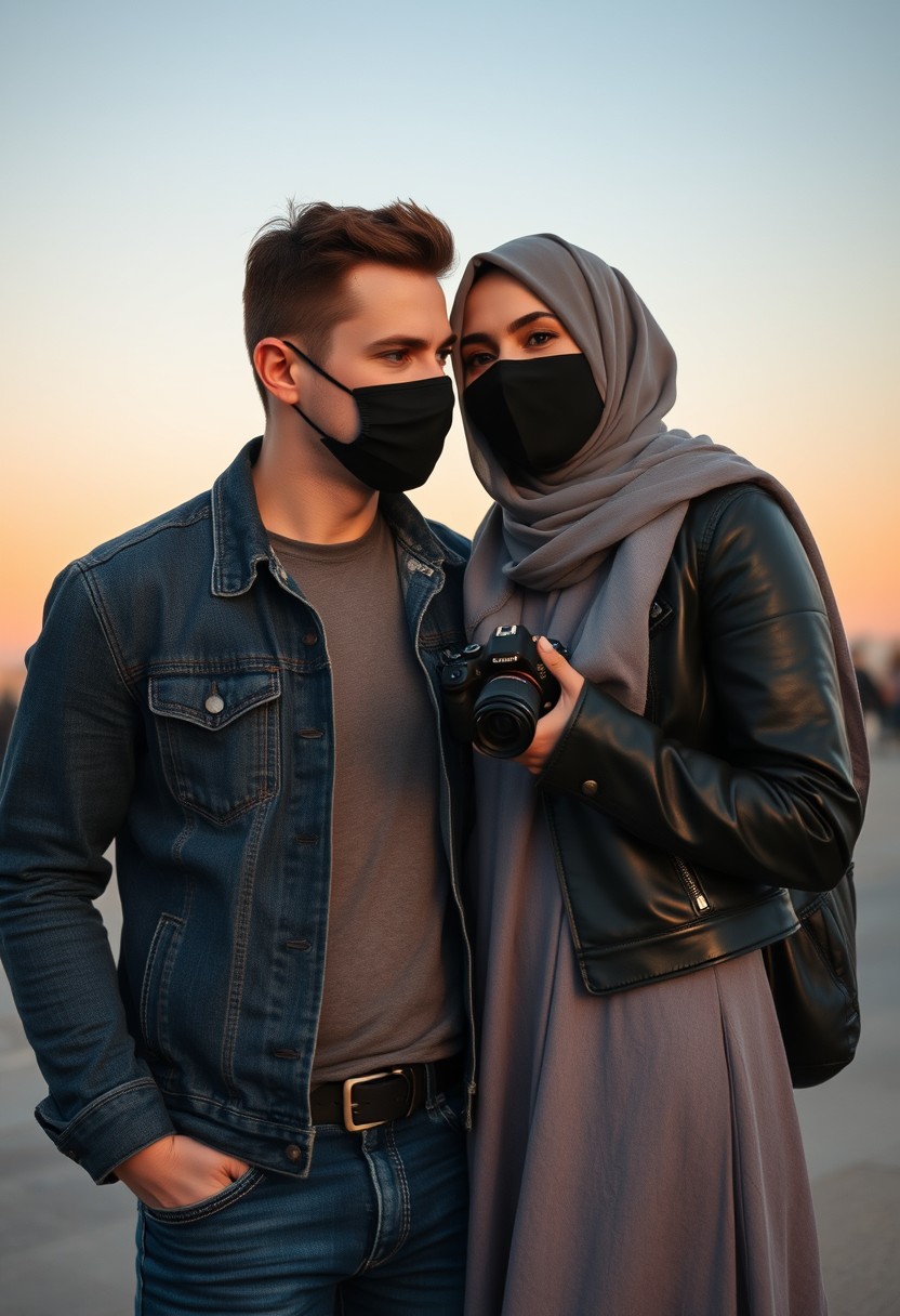 Jamie Dornan's head and body shot, handsome, black face mask, denim jacket, jeans, dating, love couple, with the biggest grey hijab Muslim girl, black face mask, beautiful eyes, black leather jacket, biggest skirt, taking picture, DSLR Canon camera, sunset, hyper-realistic, street photography.