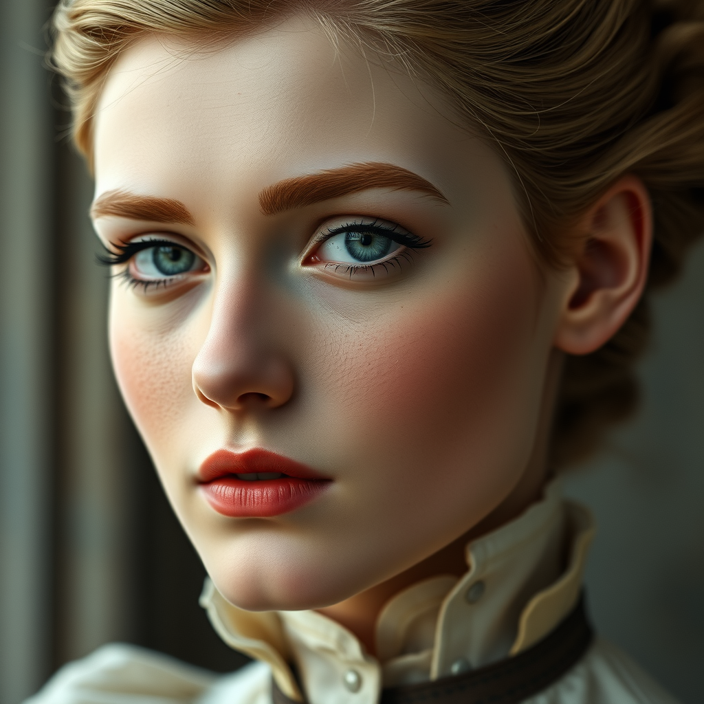 Photorealistic, detailed facial close-up of an elegant young woman from the 1900s Belle Époque. She has a blonde pompadour, pale eyes, and is wearing a high-collared Edwardian cotton blouse. The overall look is romantic and reminiscent of Edith Cushing from Crimson Peak.