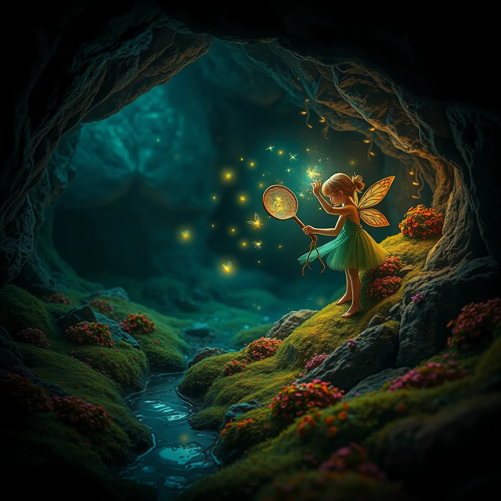 Depict an ethereal, mysterious, surreal dream of a small fairy hunting fireflies using a scoop net in a cave, bioluminescence, detailed, colorful moss, puddles of water, a vibrant masterpiece, dramatic lighting, muted colors, sharp focus, strong dark vignette, trending on ArtStation, sharp focus, 16k.