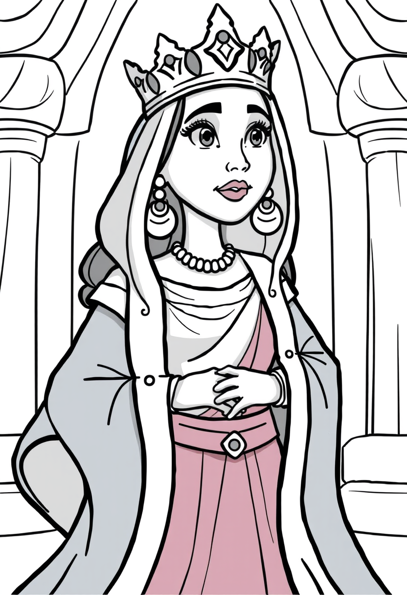 Create a regal image of Queen Esther, dressed in royal attire, standing before the king with determination. a coloring book page, cartoon style, thick lines, low details, no shading. - Image