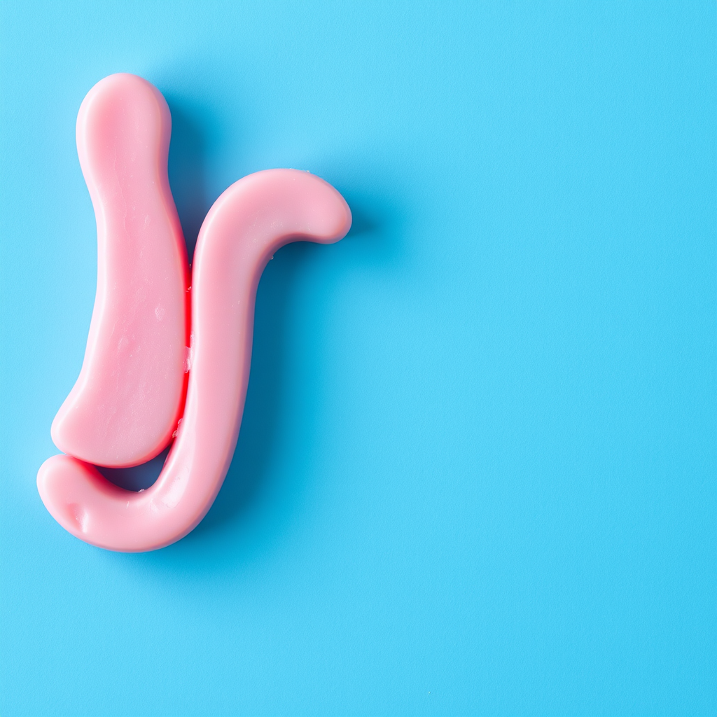 A letter "J" made of pink soap, blue background, realistic photograph.