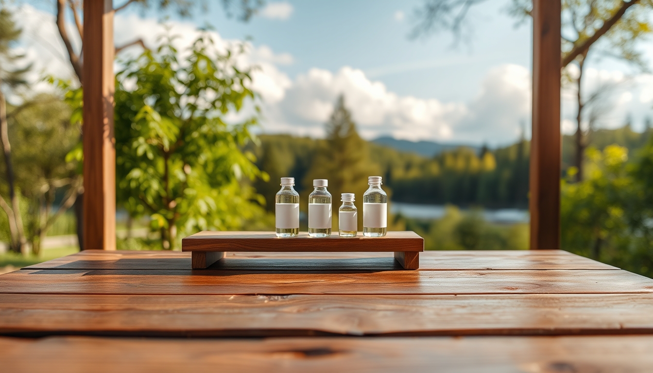 Brown wooden table with nature background for product display