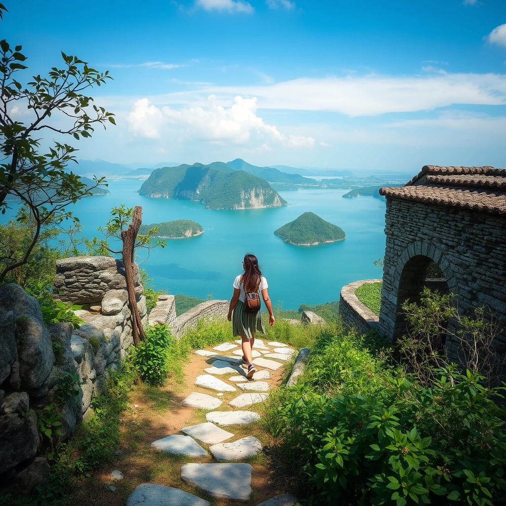 🌳 **Nature and History**: "Woman exploring trails, historical sites, every stone and leaf, stories of Cheung Chau Island, discovery, photorealistic style"