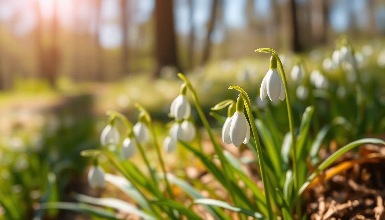 Blurry artistic effect on lovely wild snowdrop flowers in the forest on a sunny spring day. - Image