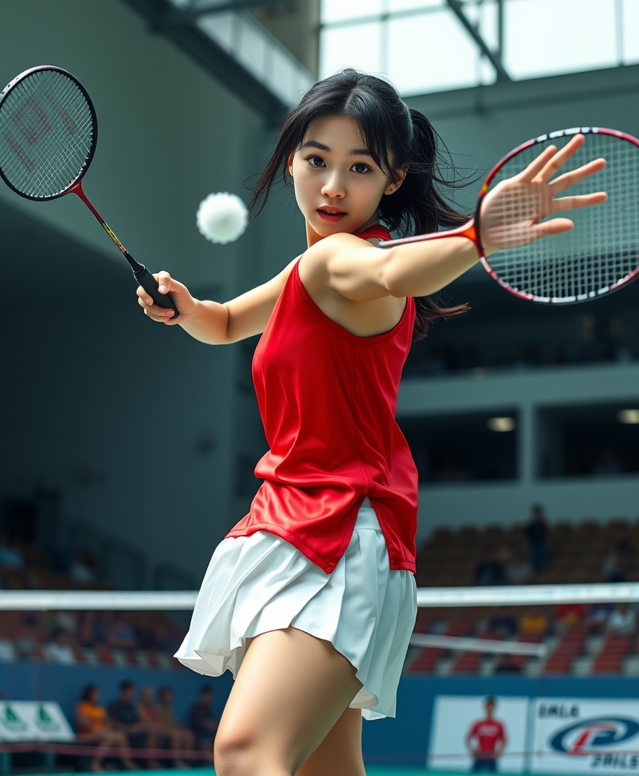 A detailed, realistic portrait of a young woman playing badminton in an indoor sports arena. The woman is wearing a bright red jersey and is mid-swing, her body in a dynamic, athletic pose as she focuses intently on the shuttlecock. The background is blurred, with glimpses of the court, net, and spectator stands visible. The lighting is natural and directional, creating shadows and highlights that accentuate the woman's features and muscular definition. The overall composition conveys a sense of energy, movement, and the intensity of the game. The image is highly detailed, with a photorealistic quality that captures the textures of the woman's clothing, skin, and the badminton equipment.

A woman with a beautiful face like a Japanese idol. She is wearing a white pleated skirt.

Badminton rackets and shuttlecocks with dynamic swings and motion blur. Depiction of the human body with a flawless personality.