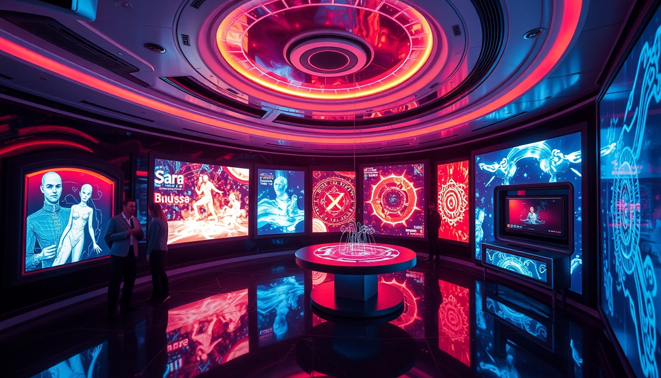 A futuristic room filled with interactive digital art, with holographic displays and immersive light installations. - Image