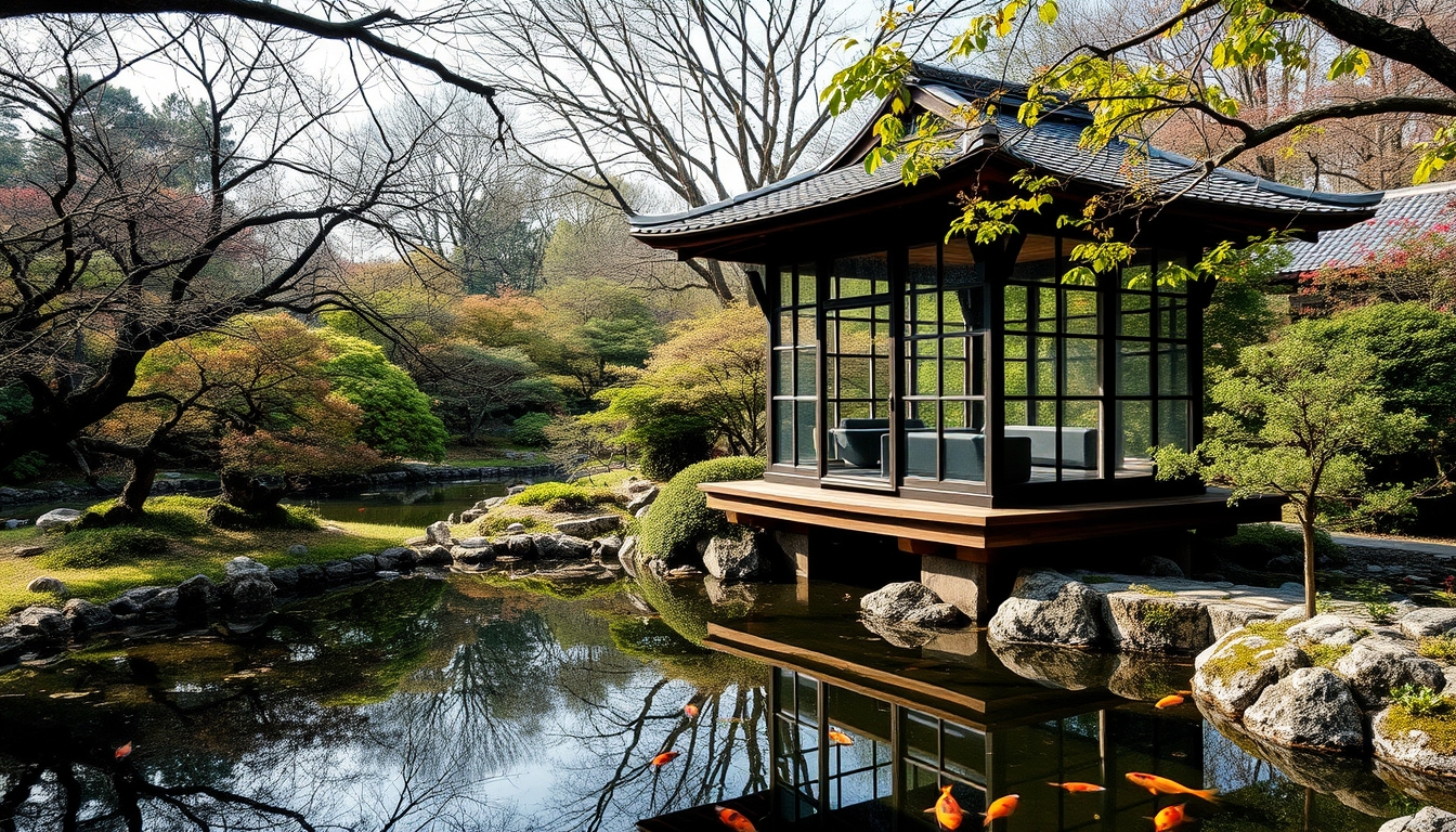 A serene Japanese garden with a glass teahouse overlooking a koi pond.