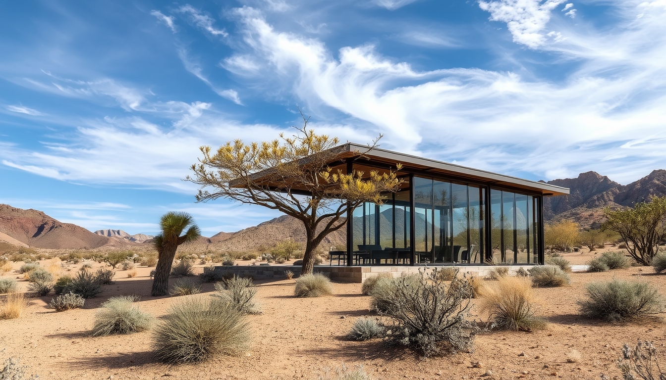 A dramatic desert landscape with a glass pavilion offering shade and shelter. - Image