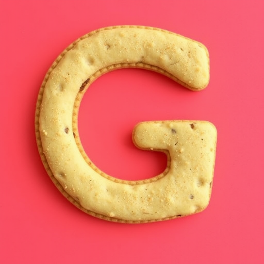 A letter "G" made of cookies, light red background, realistic photograph.