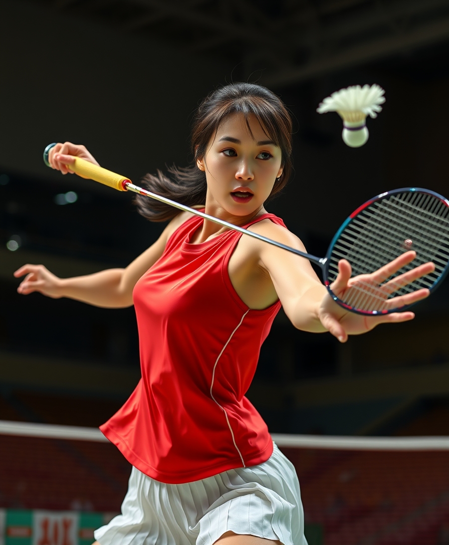 A detailed, realistic portrait of a young woman playing badminton in an indoor sports arena. The woman is wearing a bright red jersey and is mid-swing, her body in a dynamic, athletic pose as she focuses intently on the shuttlecock. The background is blurred, with glimpses of the court, net, and spectator stands visible. The lighting is natural and directional, creating shadows and highlights that accentuate the woman's features and muscular definition. The overall composition conveys a sense of energy, movement, and the intensity of the game. The image is highly detailed, with a photorealistic quality that captures the textures of the woman's clothing, skin, and the badminton equipment.

A woman with a beautiful face like a Japanese idol. She is wearing a white pleated skirt.

Badminton rackets and shuttlecocks with dynamic swings and motion blur. Depiction of the human body with a flawless personality. - Image