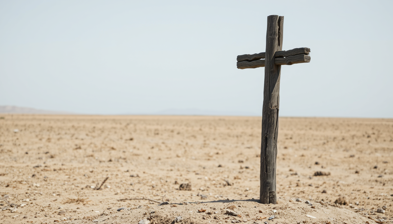 An old dilapidated wooden cross planted in the middle of a barren desert. The cross is standing upright on the right side of the image. The cross is made of dark wood and appears to be old and weathered, with visible damage from wet and dry rot. The overall scene is desolate.