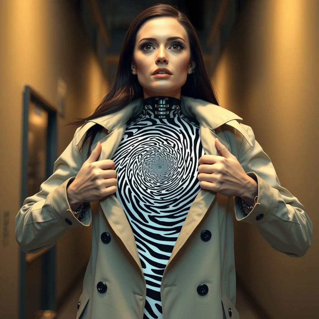 "A deceptive robot that looks like an ordinary woman from the head up, with a realistic human face framed by sleek, dark hair. She wears a long trench coat and is captured in the act of opening it with both hands, revealing her true nature. Inside, instead of a human body, her torso is a massive, spinning black and white hypnotic spiral designed to mesmerize anyone who gazes upon it. The scene is set in a dimly lit alleyway, emphasizing the shocking gesture as she unveils the mesmerizing spiral hidden beneath her coat."