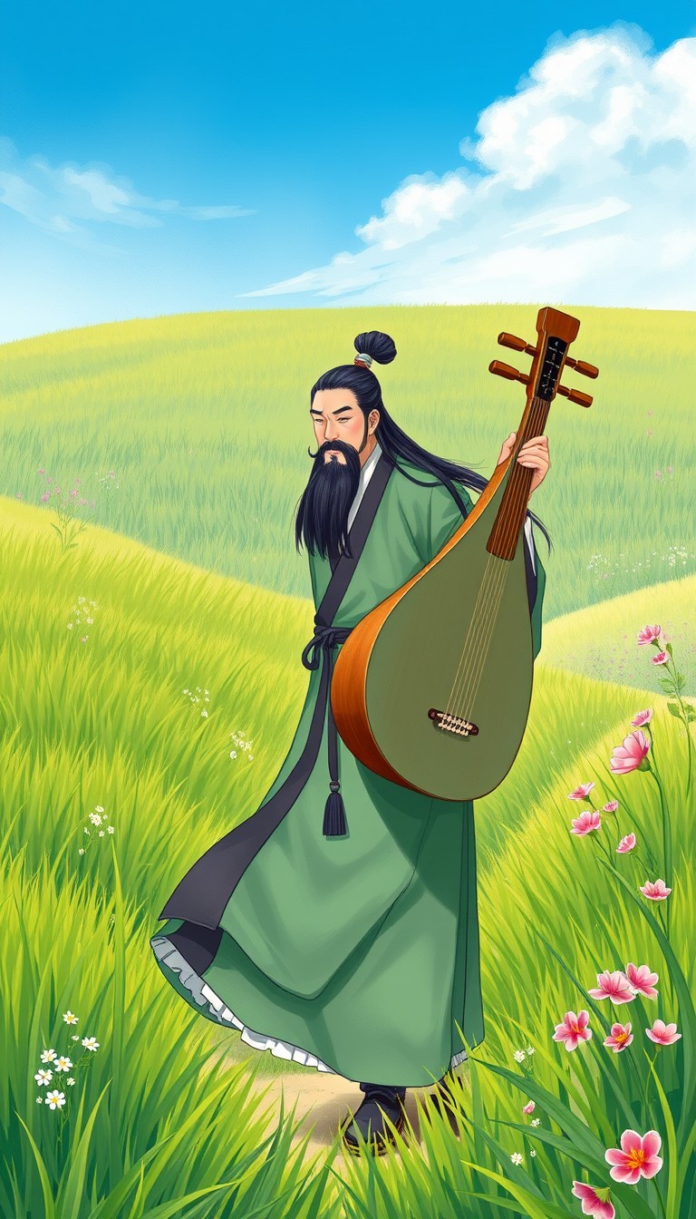 Gong Mingyi, still in his traditional Chinese robes, is walking through lush green fields, carrying his qin. His long flowing hair is tied up in a traditional bun. The surroundings are vibrant with tall grass, blooming flowers, and a clear blue sky, capturing the essence of a tranquil countryside. (illustration style, traditional Chinese art) - Image