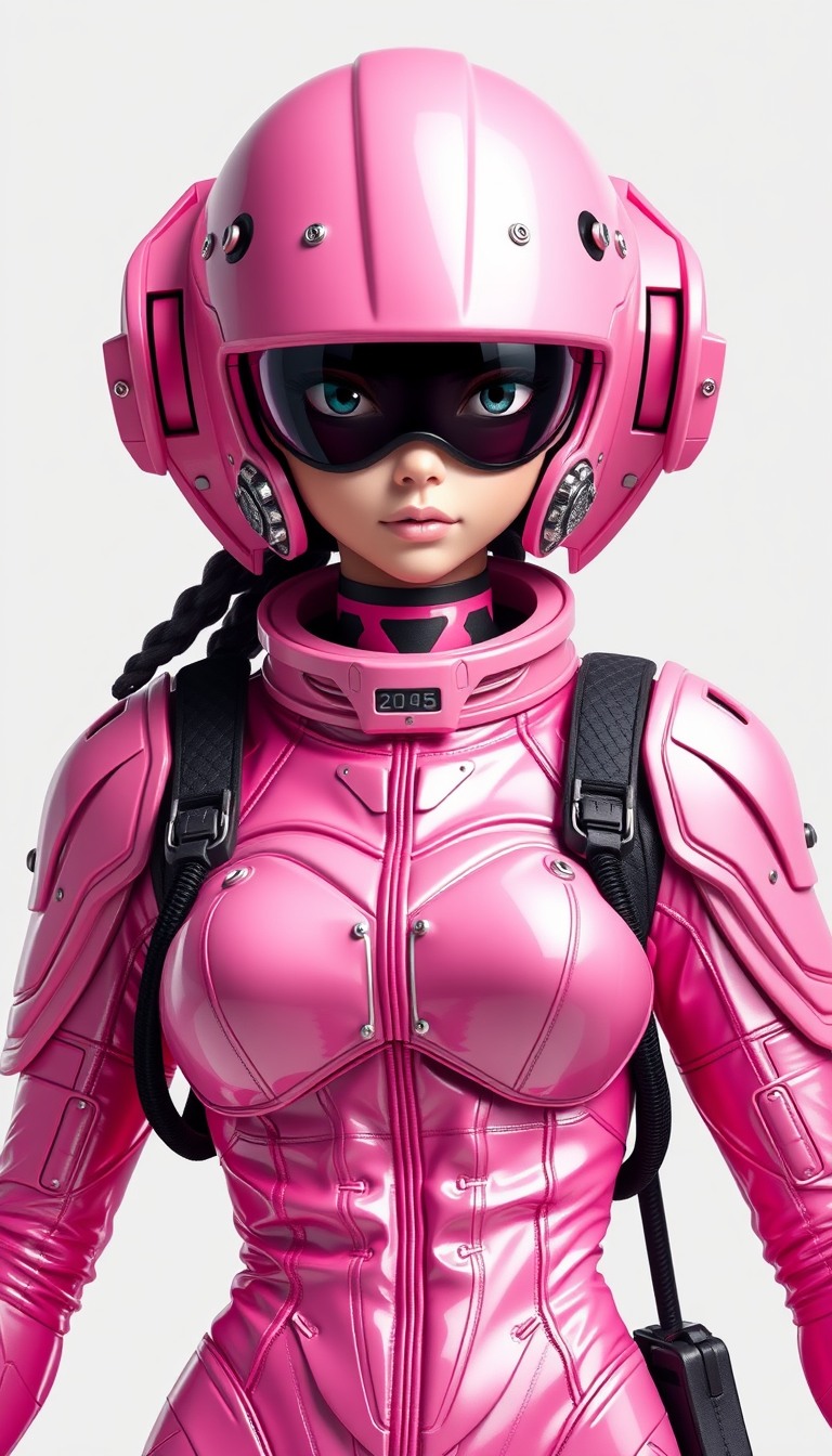 Ultra Detailed Character portrait, Pink space Armor bodysuit, female, anime style, super glamorous space female pirate, Pink Clothes made of shiny vinyl, Pink space bodysuit, A view from the waist up to the head, The background is a simple white color, cute Feel like a villain, Bizarre suits like space alien designs.