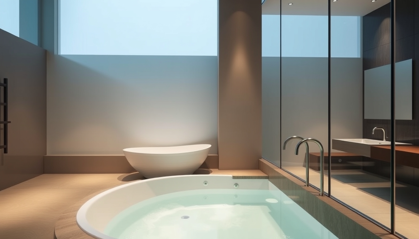 A sleek modern bathroom with glass walls and a luxurious soaking tub.