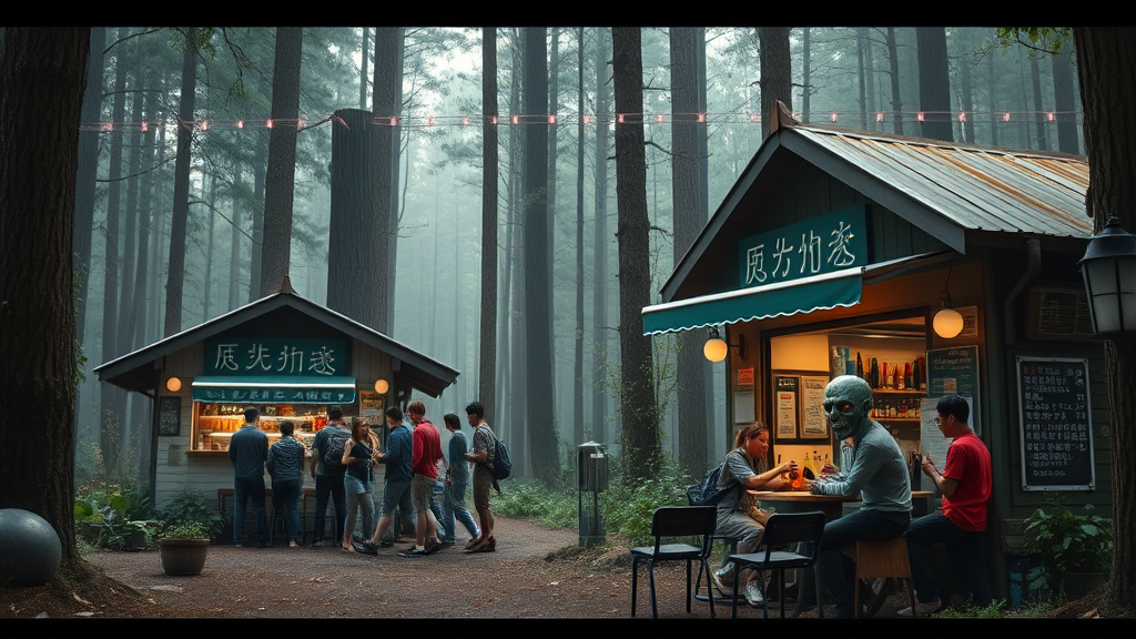 Real-life photography, wide shot: In the forest, there are two small shops selling alcohol, with tables and chairs set up outside, where many young men and women are drinking and chatting. A zombie (like the zombies from Plants vs. Zombies) walks by. There are Chinese characters or Japanese characters. - Image