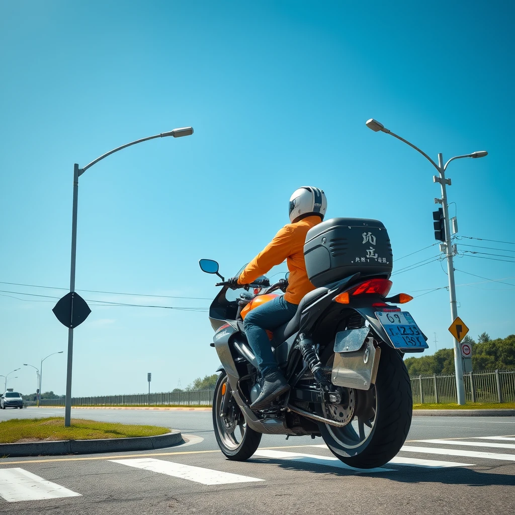 At the crossroads, someone is riding a huge motorcycle, with Chinese characters or Japanese. - Image