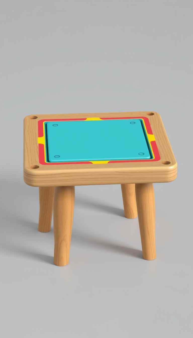 The image presents a 3D rendering of a small table. The game table, made of wood, is the central focus of the image. It is a square table with legs, the top has a multicolor border and the middle part is aqua blue. The background is digital, the overall mood is playful, suitable for digital game art. - Image