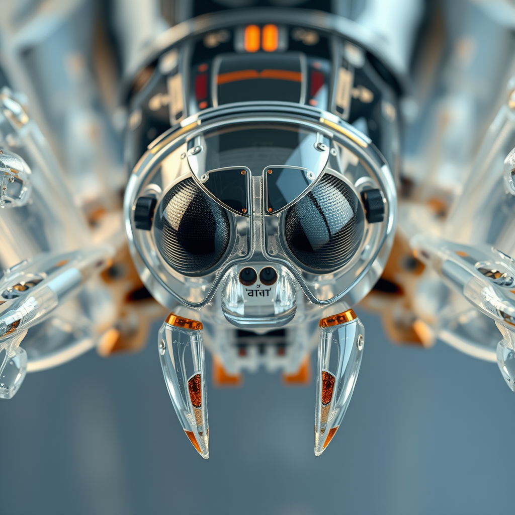 Robotic transparent spider, detailed reflection in eyes, close-up, 8k.