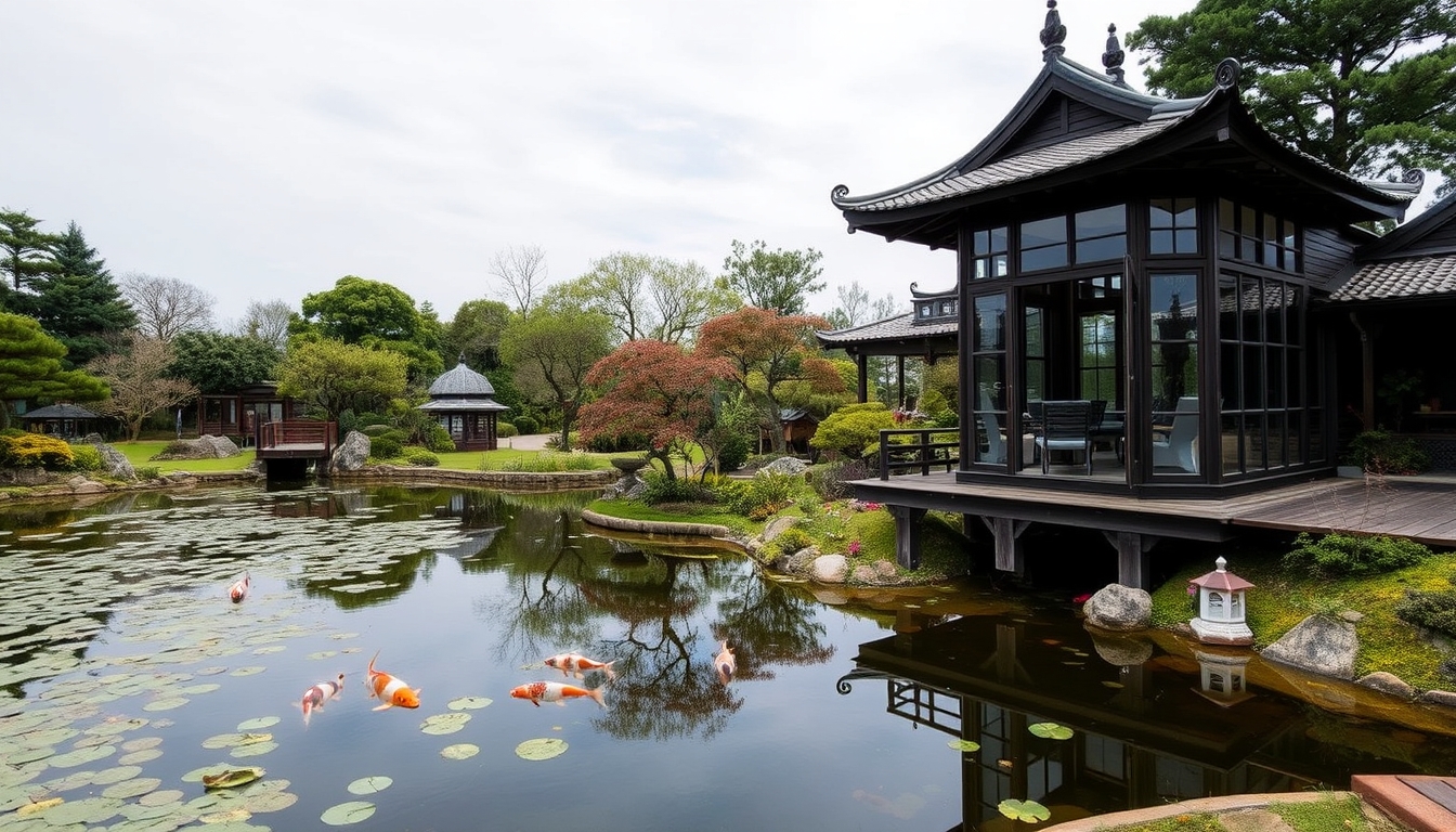 A serene Japanese garden with a glass teahouse overlooking a koi pond.