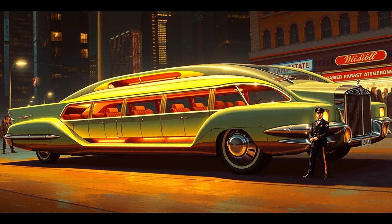 A very futuristic limo concept, a painting by Syd Mead, 4k, a chauffeur stands at attention, detailed, city setting, night, circa 1972. - Image