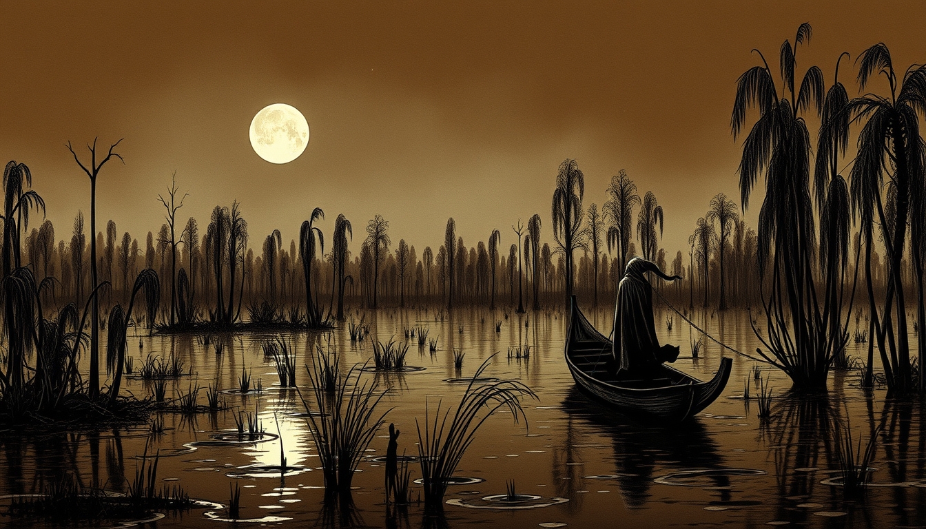 linquivera, Ink illustration, (anime:0.5), brown tones, aged black red paper, inkpunk, moonlight, surreal, a ghost standing on a boat in swampy wetlands, (at a distance), Will-o'-the-wisp, moonlit, lonely, solitude, windy, tall trees, willows, willowy, OverallDetail, extremely detailed, UHD, (long exposure, dystopian but extremely beautiful:1.4),