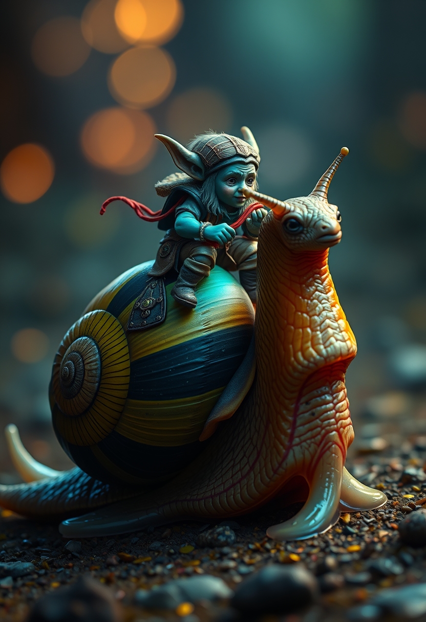 A tiny goblin jockey riding on the back of a giant snail, neon reins, the snail's shell is striped black and yellow, slime trail, neon bokeh, in the style of a fantasy painting.