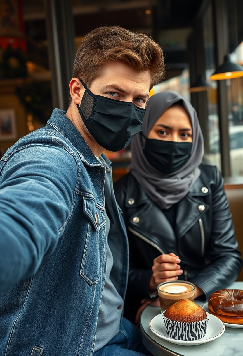 Jamie Dornan's head and body shot, handsome, black face mask, blue jeans jacket, jeans, dating a Muslim girl in a grey hijab with beautiful eyes, black face mask, black leather jacket, the largest zebra pattern skirt, at a cafe, 2 cups of latte, muffin cake, chocolate donut on a table, photorealistic, hyper-realistic, street photography, selfie.