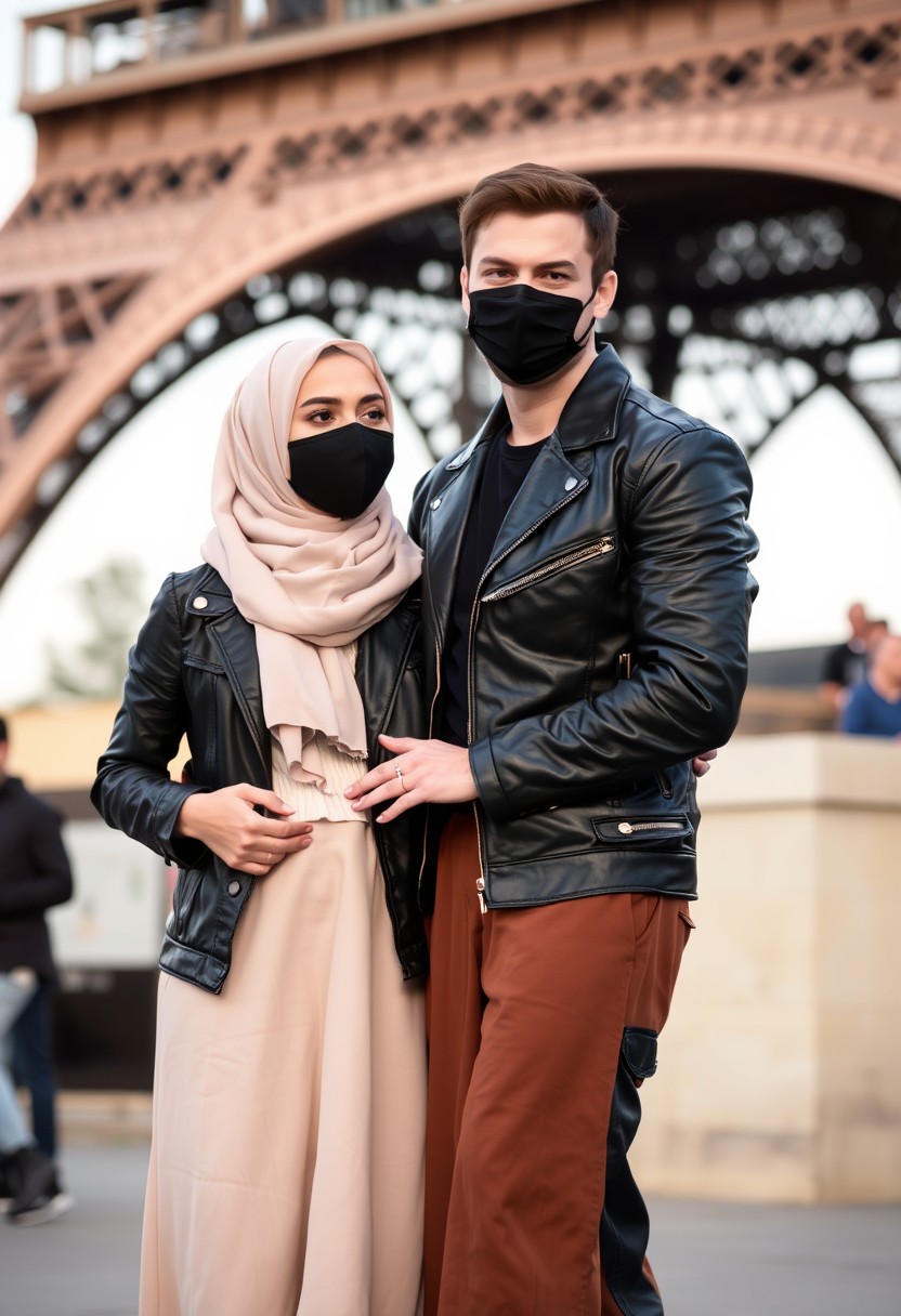 Jamie Dornan, handsome, black face mask, black leather jacket, jeans, dating, love couple with the biggest hijab Muslim girl, beautiful eyes, black face mask, jean jacket, biggest skirt, wedding rings, Eiffel Tower, realistic, street photography.