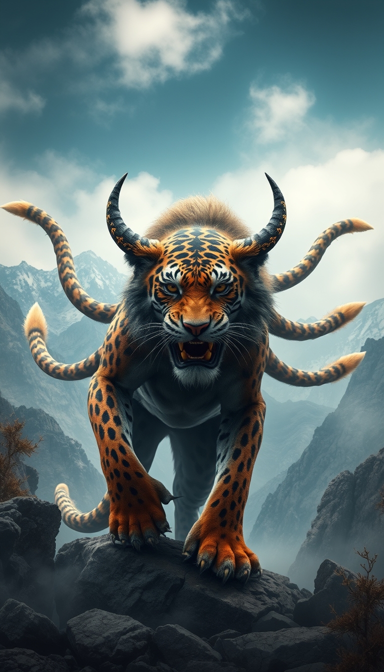 (Ultra realistic) a monster that has a tiger head, leopard body pattern, 5 lion tails, China mountain background.