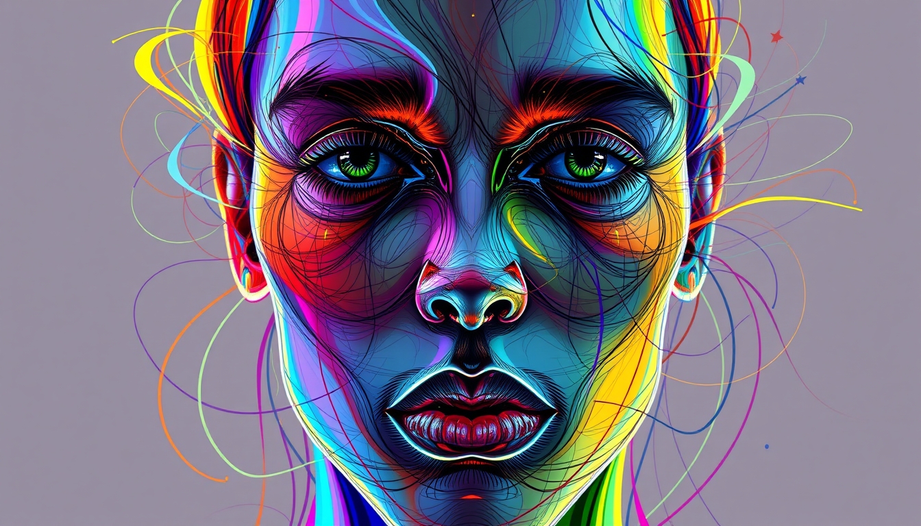 A digital painting of a human face composed of colorful, swirling lines and shapes, blending realism with abstract elements. - Image