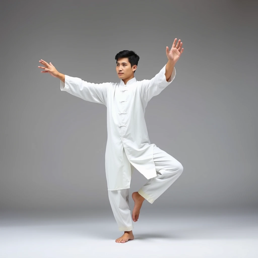 Photo of a college male performing Tai Chi in the White Crane Spreads Its Wings posture. He stands in a balanced and poised stance with one hand extended upward and the other hand extended downward, mimicking the wings of a crane. The background is serene and minimalistic, emphasizing the fluid and controlled movements of Tai Chi.