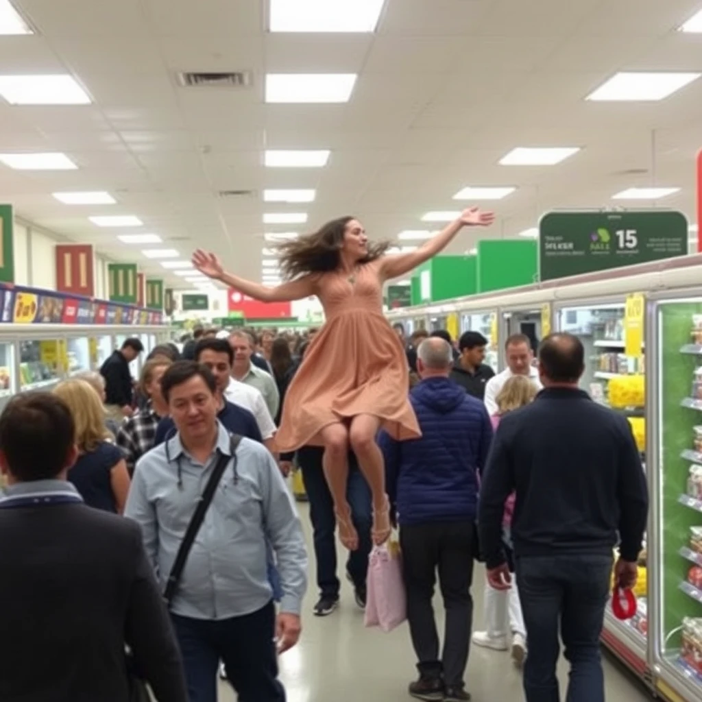 In the supermarket, there are many people, and one person wearing a dress has flown up.