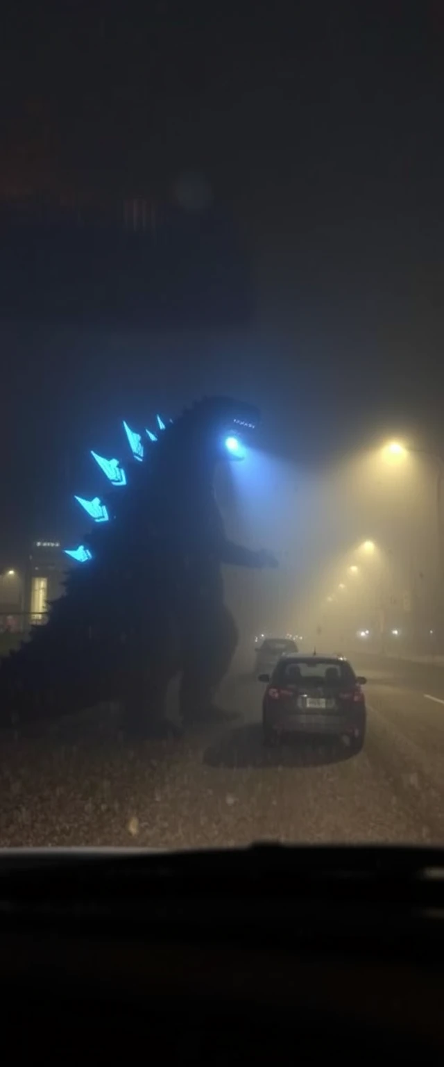 Photorealistic, lifelike, grainy, poor lighting, bad focus, shaking, rainy and foggy night, dense fog, distant view of a 100m high Godzilla charging its blue attack, amateur photo taken from behind the wheel, dirty and scratched windshield, amateur photo taken with a smartphone, very distant view, poor quality, barely visible, captured accidentally by smartphone camera out of focus, motion blur, low quality.