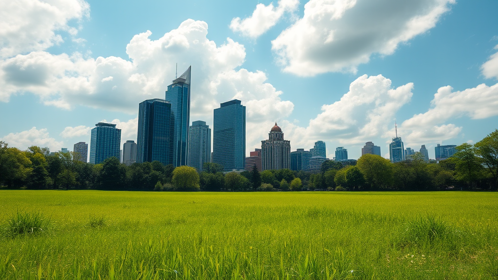 A green grassy field with tall buildings in the background and clouds in the sky, Jung Park, Shutterstock, grass field surrounding the city, sunny park background, park background, blue sky and green grassland, green spaces, park landscape, forest setting with skyscrapers. - Image