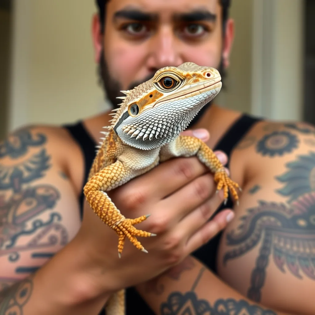 A bearded dragon being held by his owner, a 30-year-old thin Mexican male with tattoos on his arms featuring an Aztec theme.