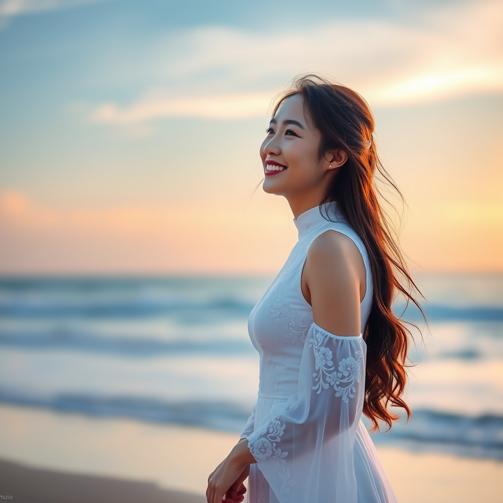 This Chinese woman in a white dress stands on the beach, smiling as she greets the sea breeze. Glowing radiation, broad light, colorful, 16k, HDR.