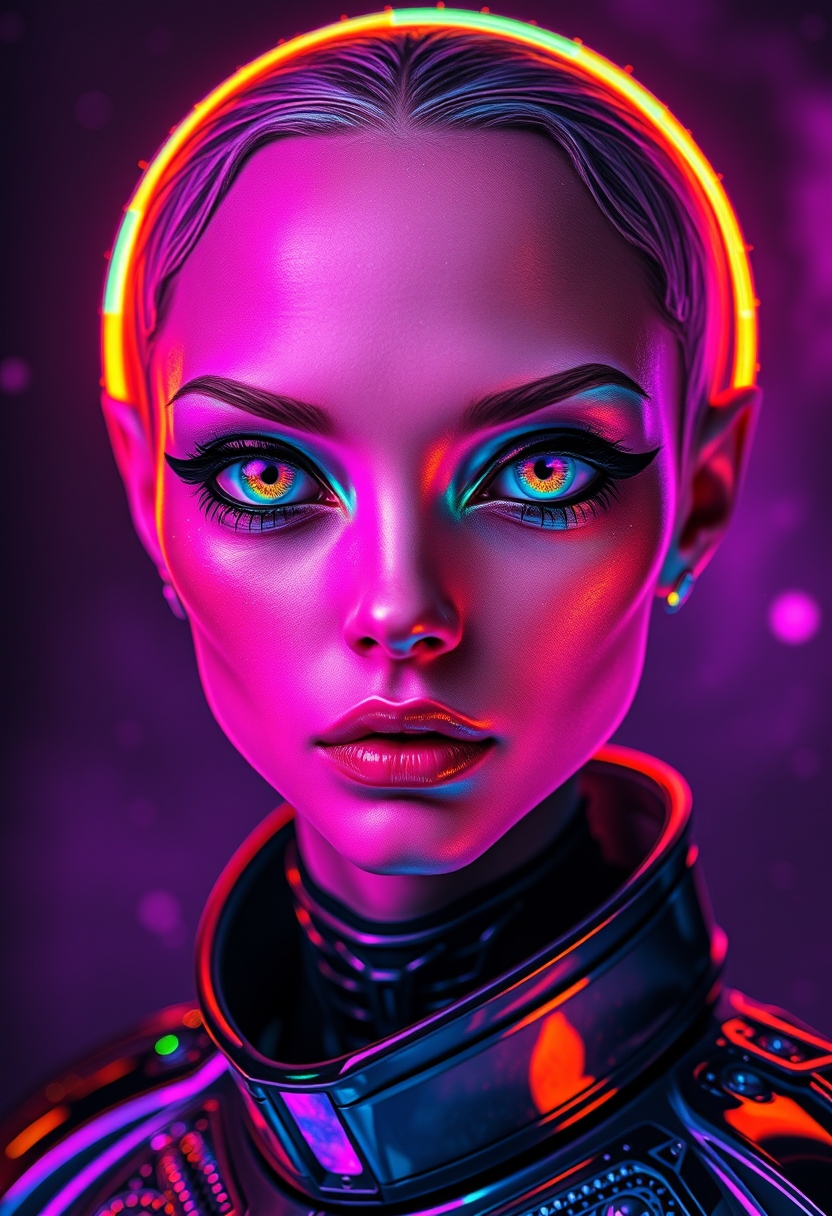 Otherworldly portrait with alien features, bathed in vibrant neon lights. Hyper-detailed skin texture with an iridescent, almost metallic sheen. Mesmerizing eyes with multi-colored irises, reflecting a spectrum from electric blue to molten gold. Dramatic makeup with bold, sweeping lines in fluorescent hues. Facial features framed by a circular halo of shimmering, rainbow-colored particles. Sleek, biomechanical suit with intricate patterns and reflective surfaces. Background fading from deep space black to swirling nebula purples and pinks. Sharp contrasts between light and shadow, emphasizing the otherworldly glow. Photorealistic rendering with surreal, sci-fi elements. Captivating blend of beauty and alien mystique, highlighted by a dazzling array of colors from across the visible spectrum.