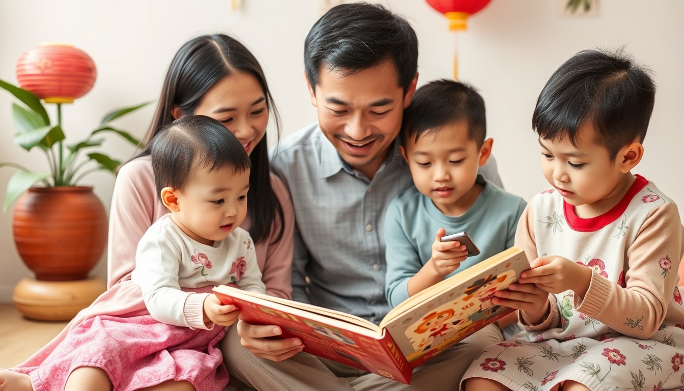 Chinese Parents reading with their children. - Image