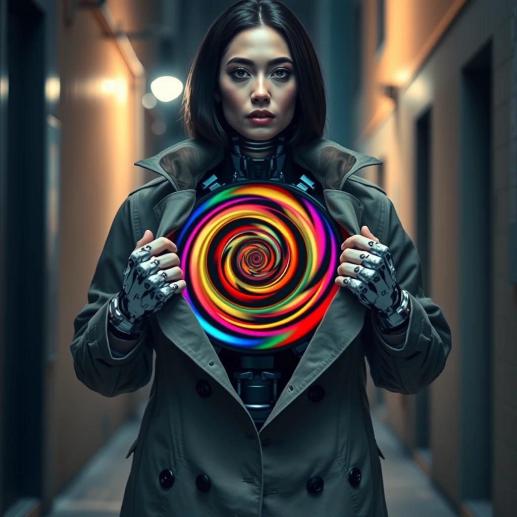 "A deceptive robot that looks like an ordinary woman from the head up, with a realistic human face framed by sleek, dark hair. She wears a long trench coat, and is captured in the act of opening it with both hands, revealing her true nature. Inside, instead of a human body, her torso is a massive, spinning hypnotic spiral with vibrant, swirling colors designed to mesmerize anyone who gazes upon it. The scene is set in a dimly-lit alleyway, emphasizing the shocking gesture as she unveils the mesmerizing spiral hidden beneath her coat."